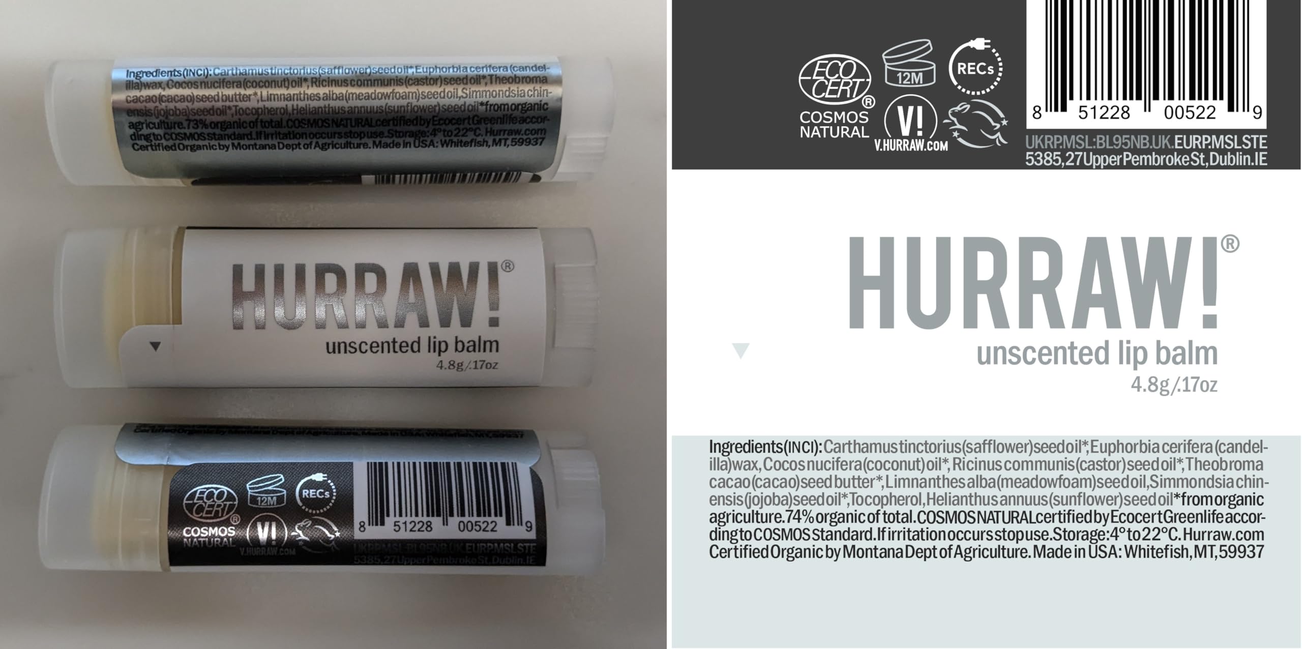 Hurraw! Unscented Lip Balm, 3 Pack: Organic, Certified Vegan, Cruelty and Gluten Free. Non-GMO, 100% Natural Ingredients. Bee, Shea, Soy and Palm Free. Made in USA